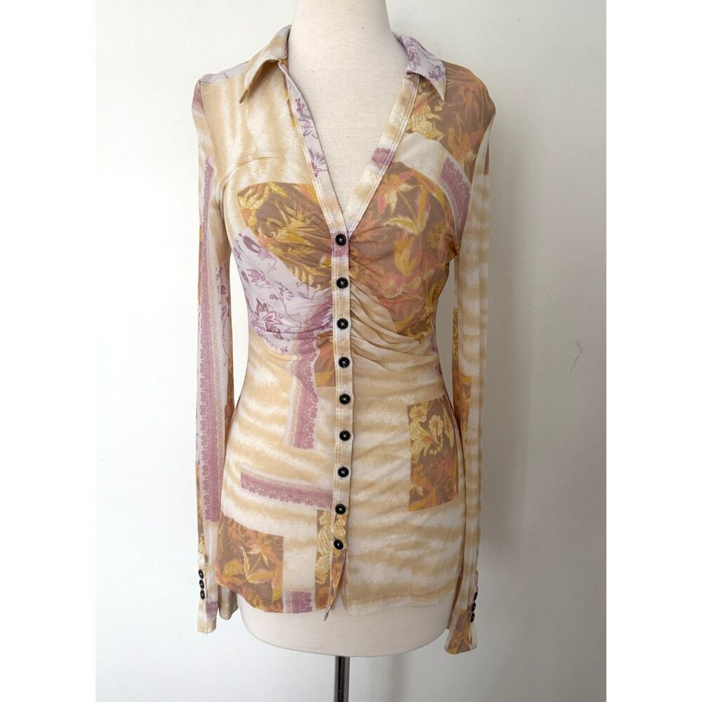Free People Lucky Mesh Shirtee Pastel Paisley Ruched Boho Chic Aesthetic Sz M - Picture 2 of 10